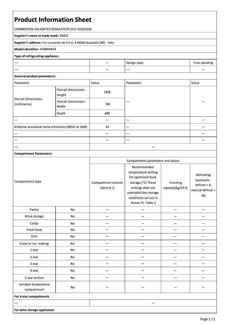 Page 1 of the manual Technical Sheet Smeg FD48PXNF4