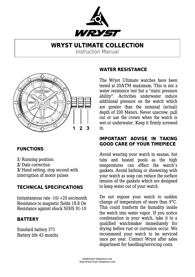 Page 1 of the manual User Manual Wryst Ultimate ES20