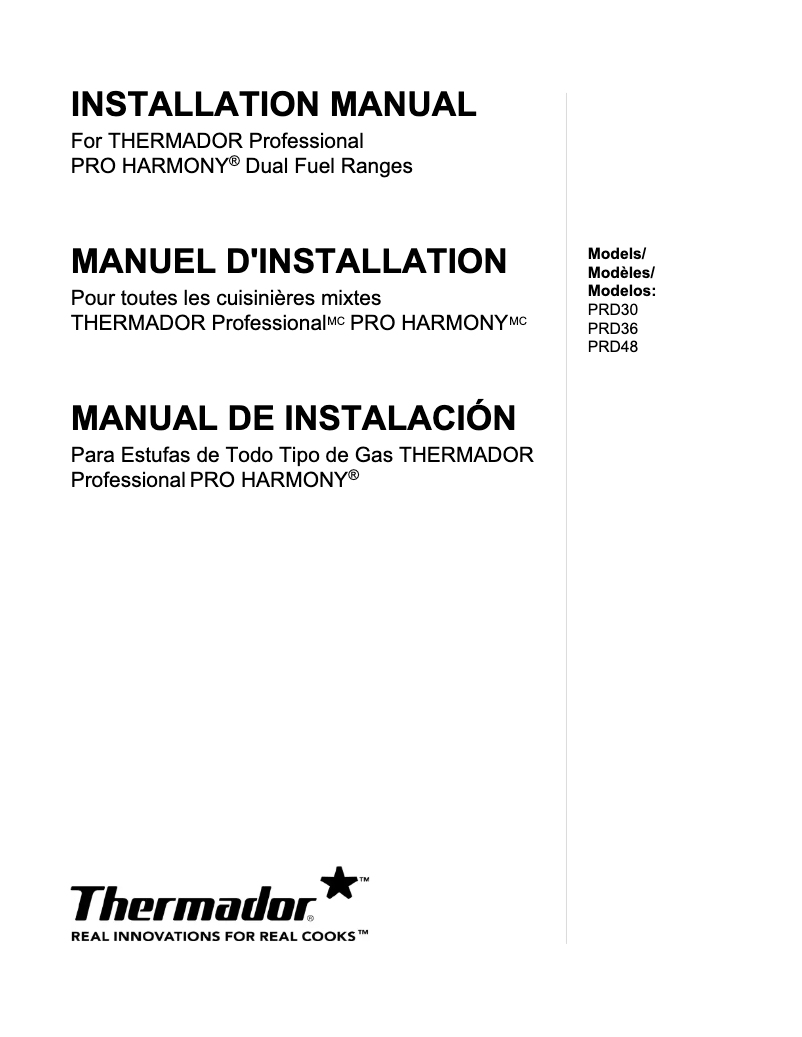 Page 1 of the manual Installation Guide Thermador PRD364GDHU