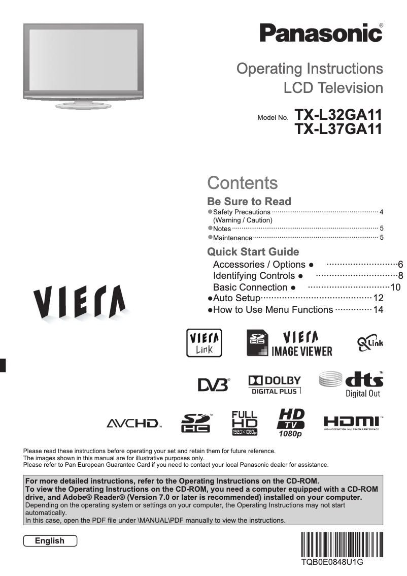 First page image of the manual for Viera TX-L32GA11