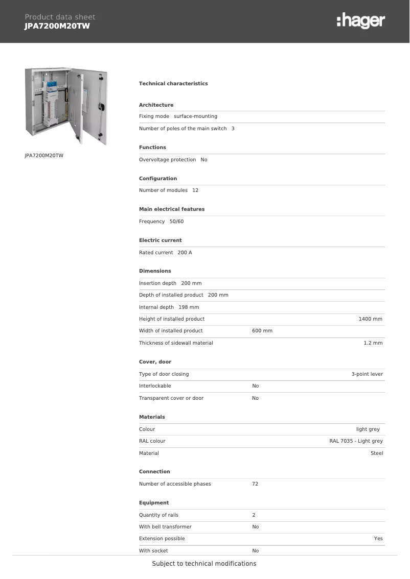 Page 1 of the manual Technical Sheet Hager JPA7200M20TW