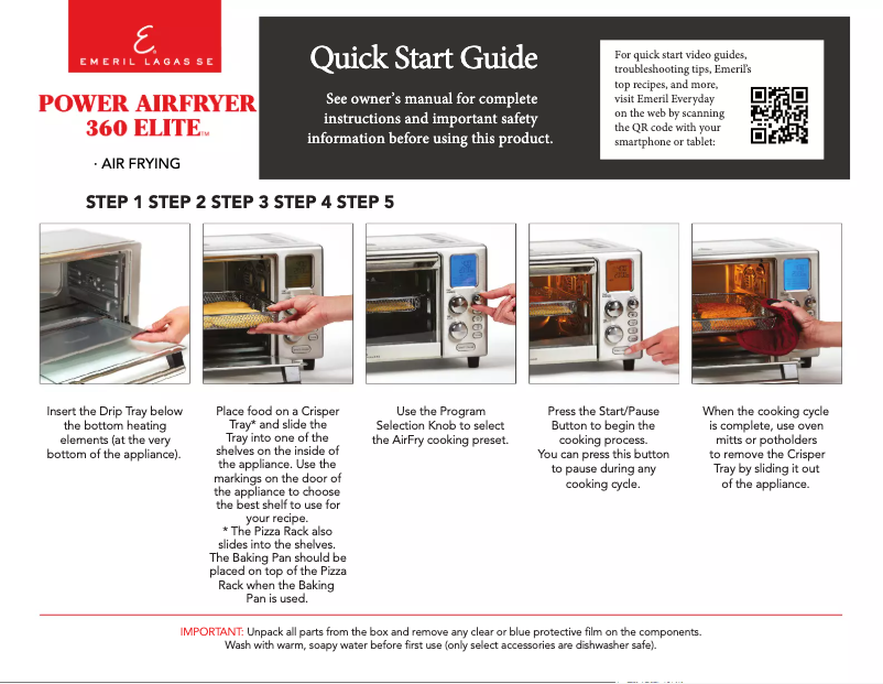 Page 1 of the manual Quick Start Guide Emeril Lagasse Power AirFryer 360 Elite S-AFO-001
