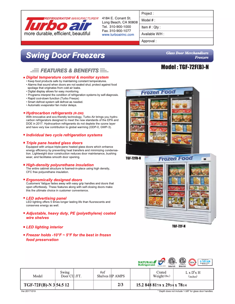 Page 1 of the manual Technical Sheet Turbo air TGF-72F