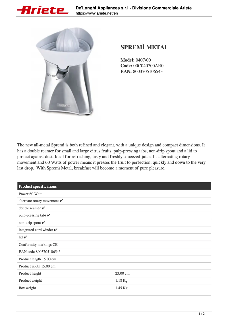 First page image of the manual for Spremì Metal 407