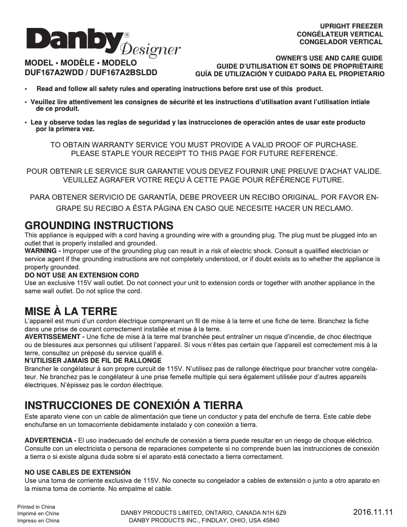 First page image of the manual for DUF167A2WDD