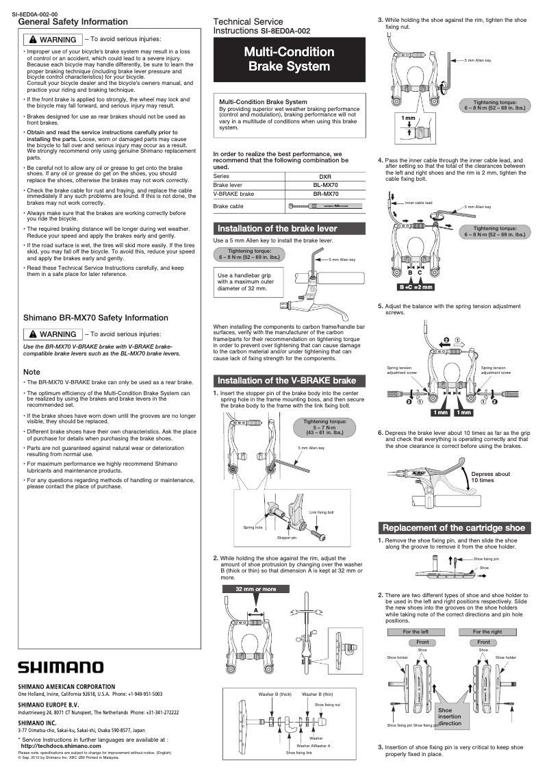 Page 1 of the manual User Manual Shimano BR-MX70