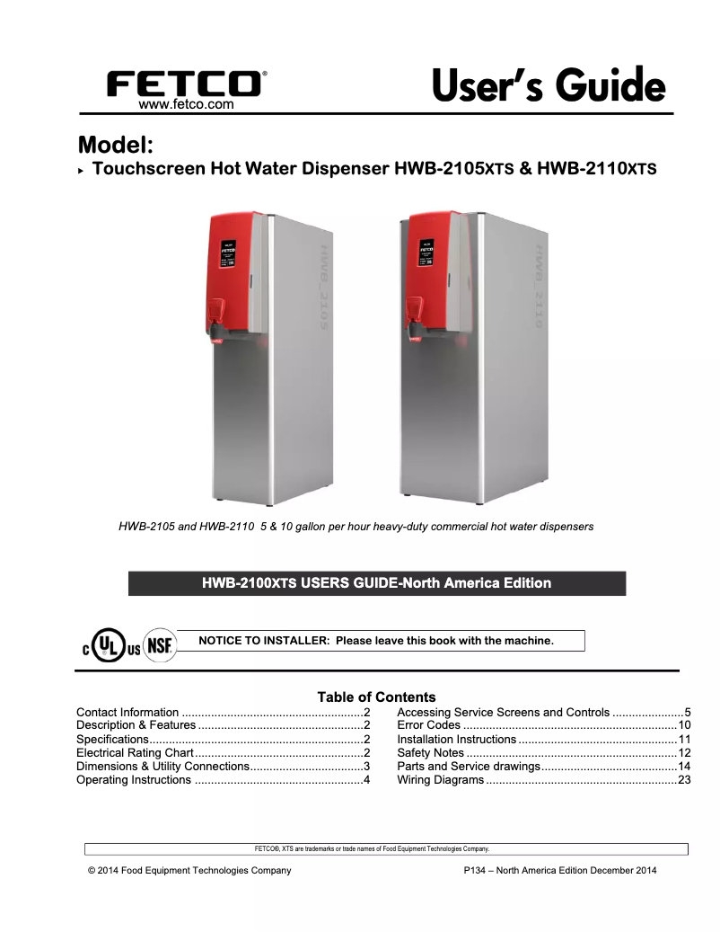 Page 1 of the manual User Manual Fetco HWB-2105