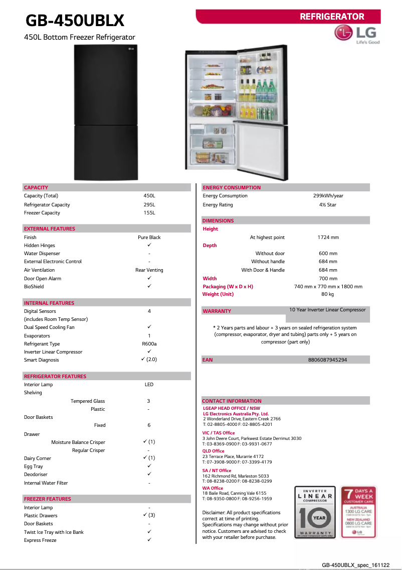 Page 1 of the manual Technical Sheet LG GB-450UBLX