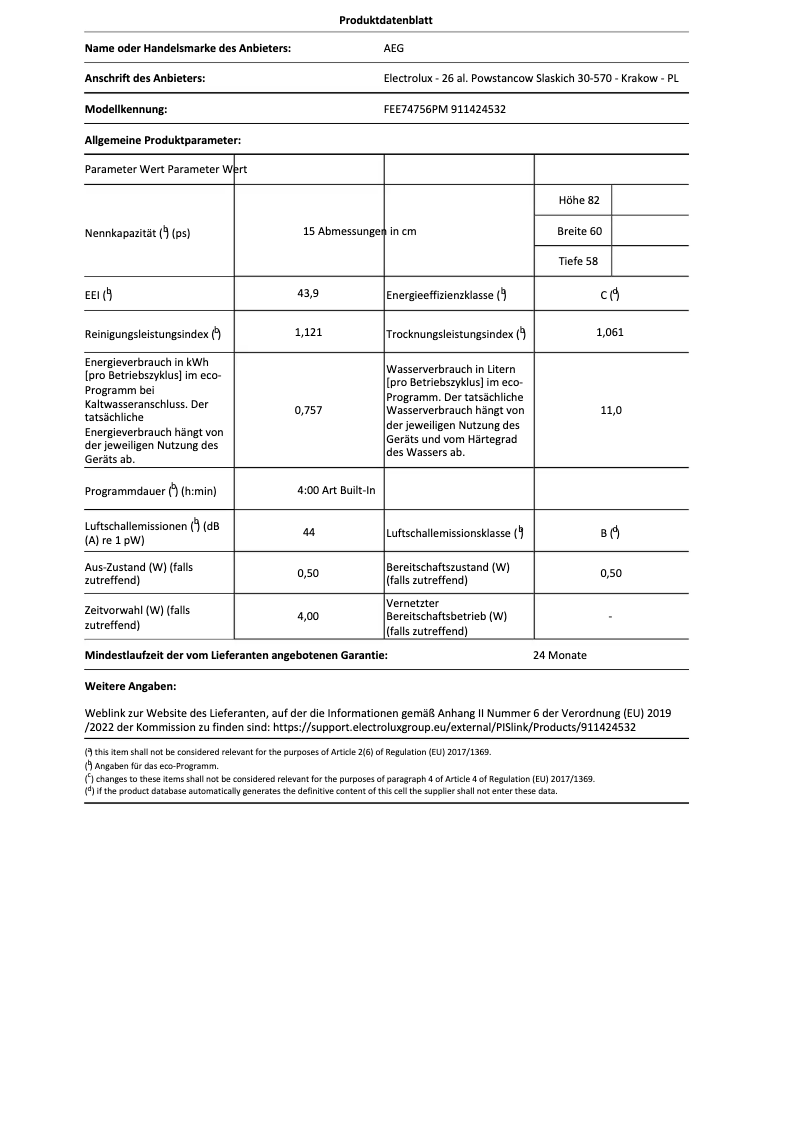 Page 1 of the manual Technical Sheet AEG FEE74756PM