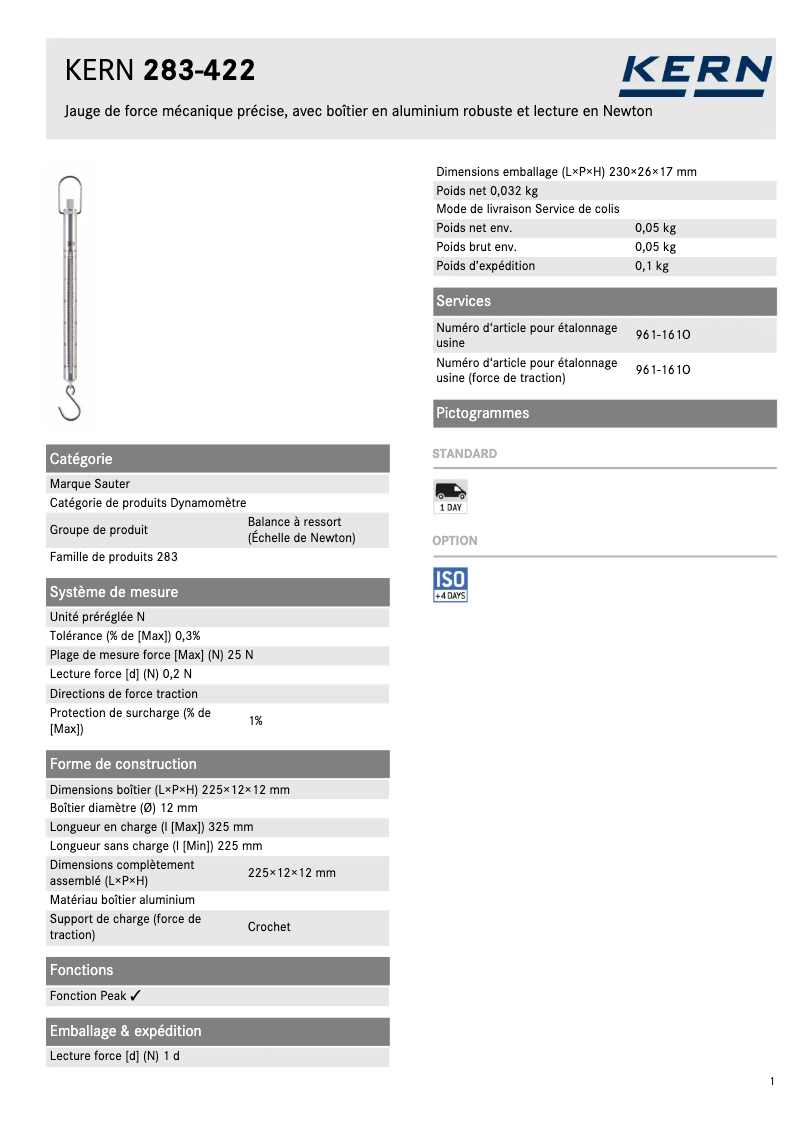 Page 1 of the manual Technical Sheet Kern 283-422