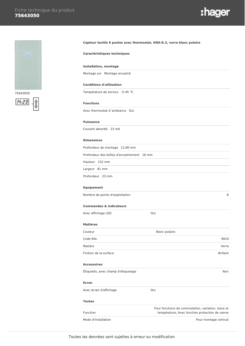 Page 1 of the manual Technical Sheet Hager 75643050