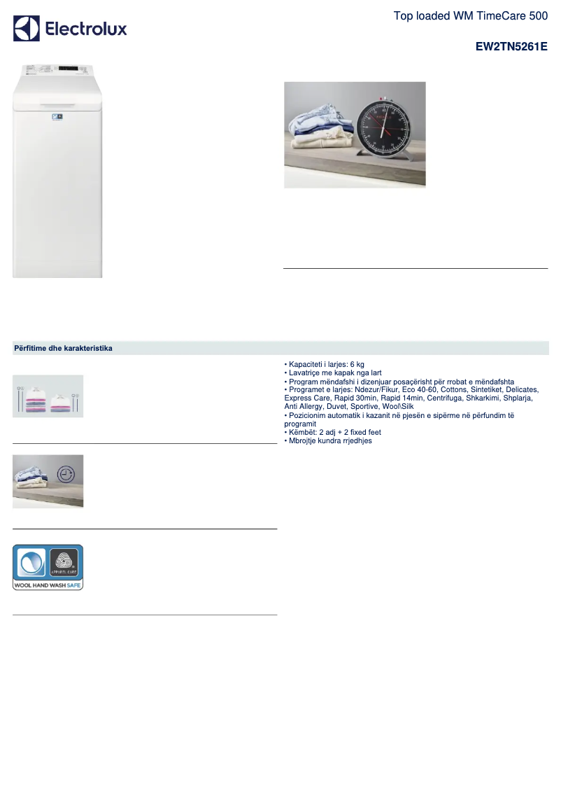 Page 1 of the manual Technical Sheet Electrolux EW2TN5261E