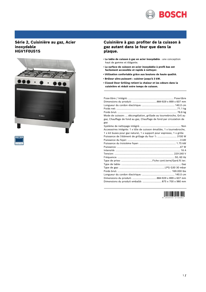 Page 1 of the manual Technical Sheet Bosch HGV1F0U51S