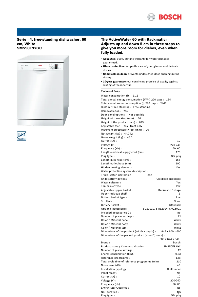 First page image of the manual for SMS50E92GC