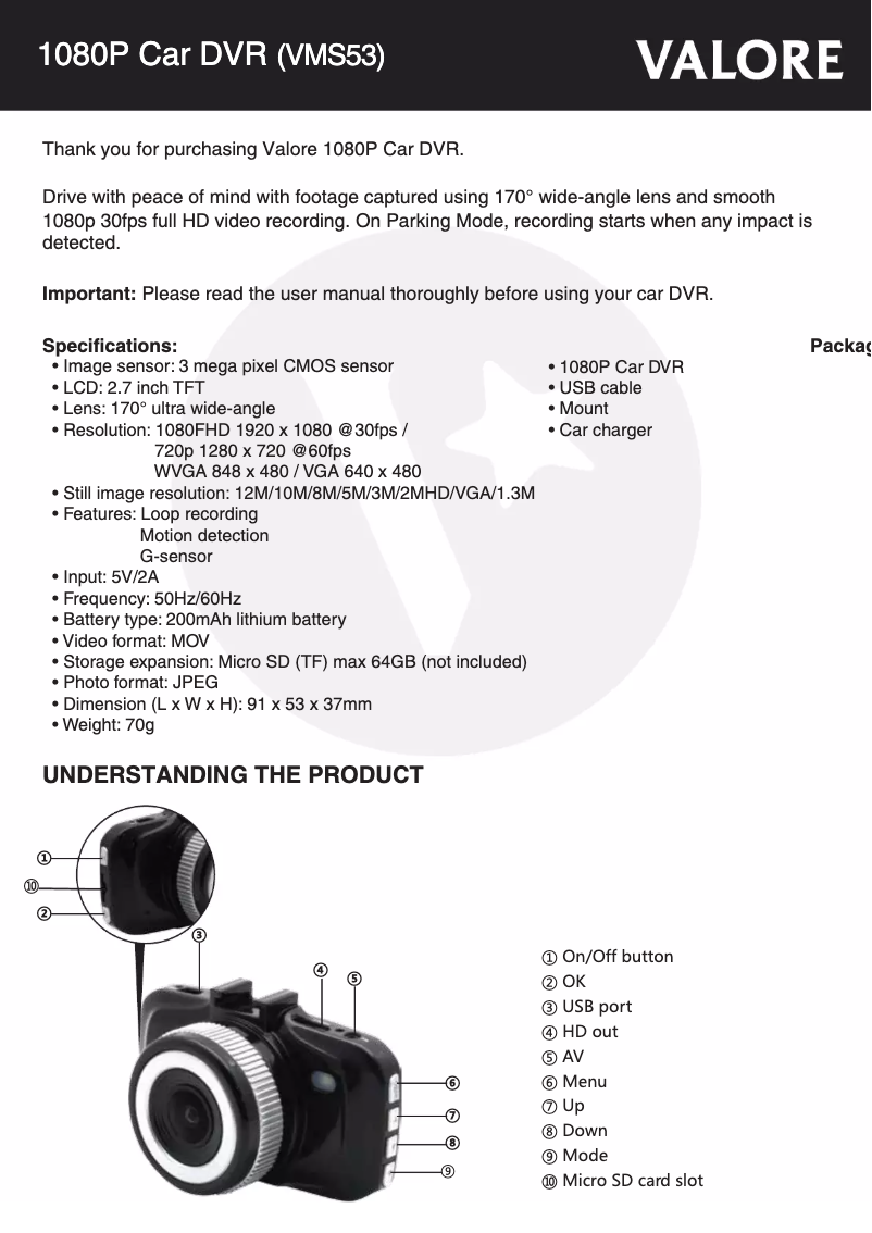 Page 1 of the manual User Manual Valore VMS53