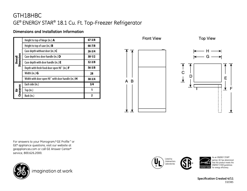 Page 1 of the manual Technical Sheet GE GTH18HBCBB