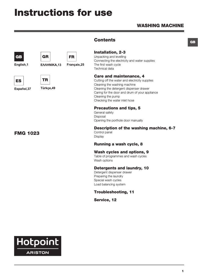 Page 1 of the manual User Manual Hotpoint Ariston FMG 1023B EU