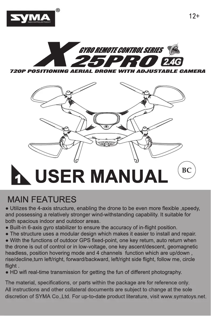 Page 1 of the manual User Manual Syma X25PRO