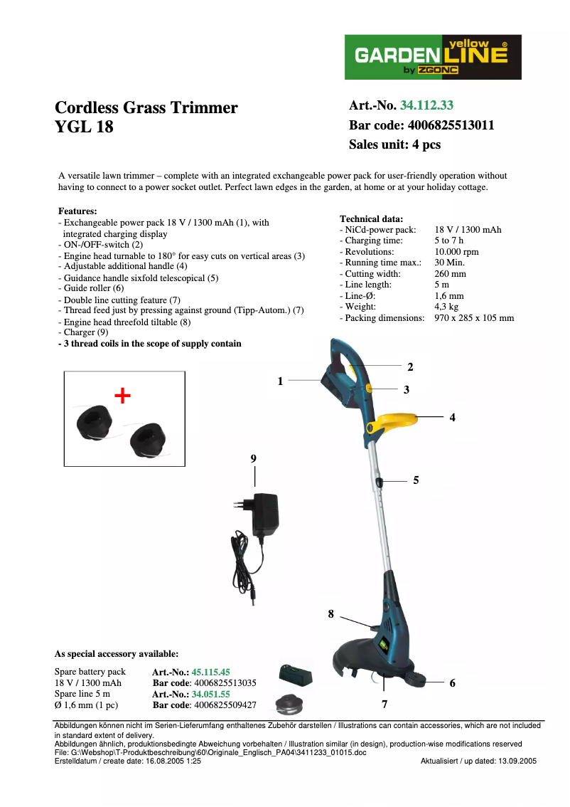 Page 1 of the manual User Manual Yellow Garden Line YGL 18
