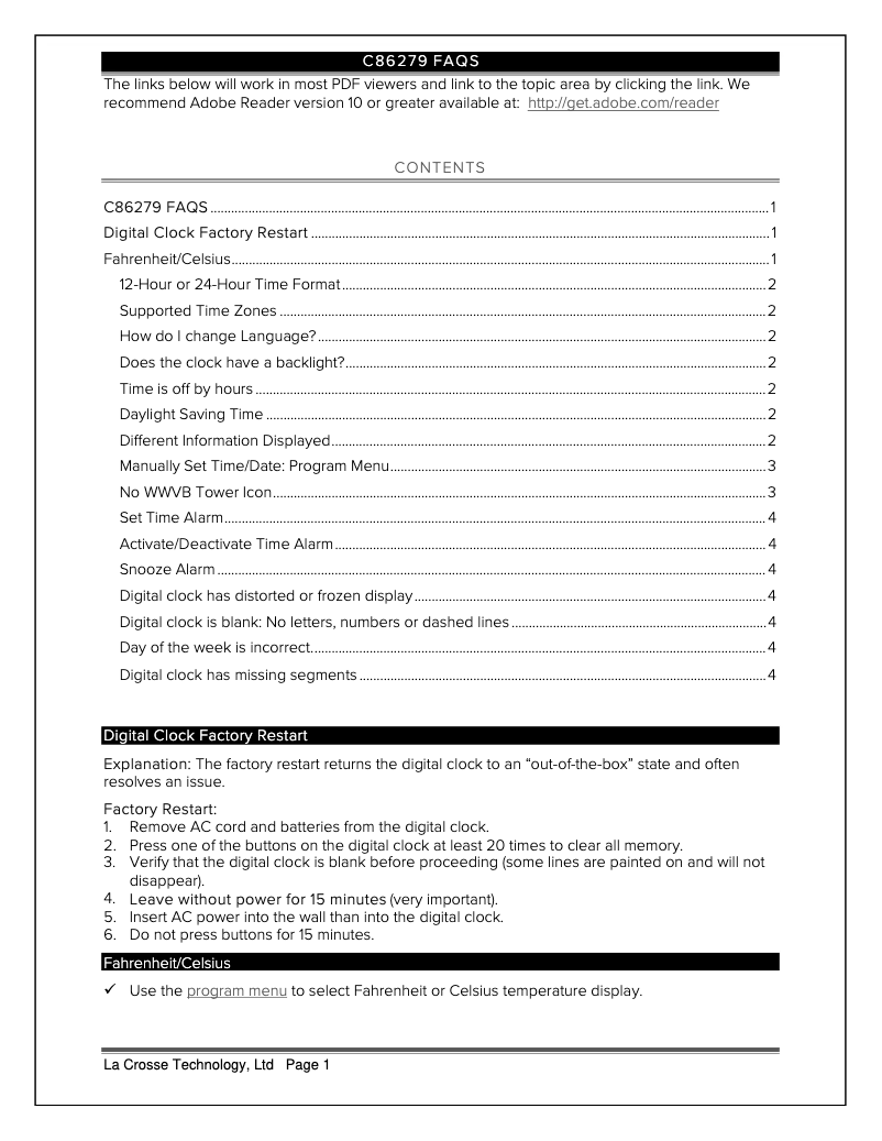 Page 1 of the manual FAQ La Crosse Technology c86279V4