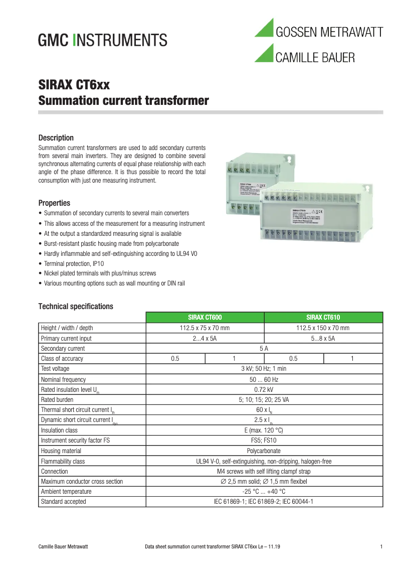 Page 1 of the manual Technical Sheet Camille Bauer SIRAX CT610