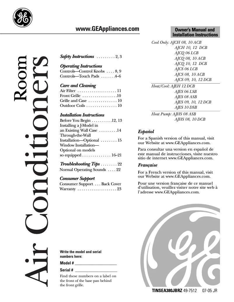 First page image of the manual for AJHS08DCB