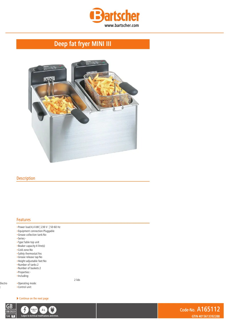 Page 1 of the manual Technical Sheet Bartscher Mini II A165112