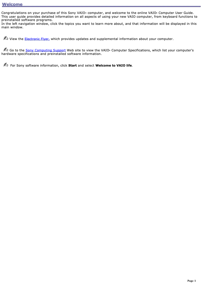 First page image of the manual for Vaio VGN-A170