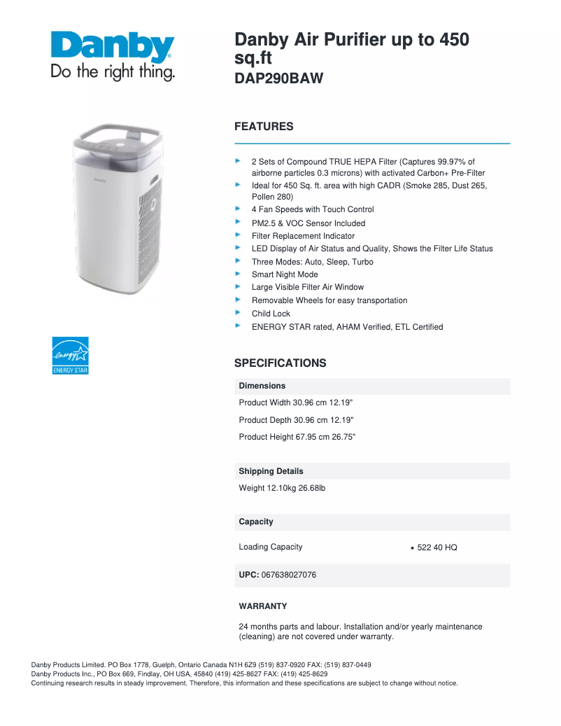Page 1 of the manual Technical Sheet Danby DAP290BAW