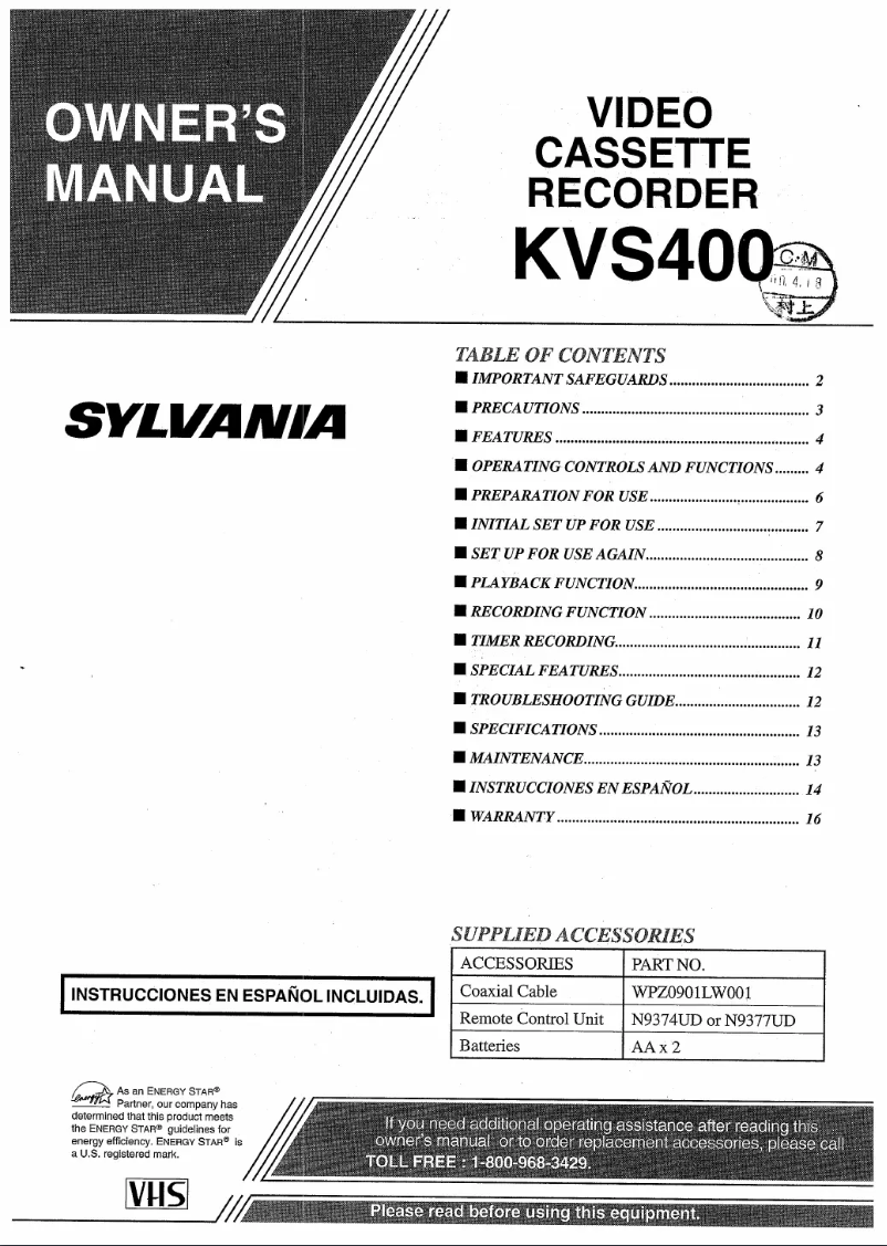 First page image of the manual for KVS400