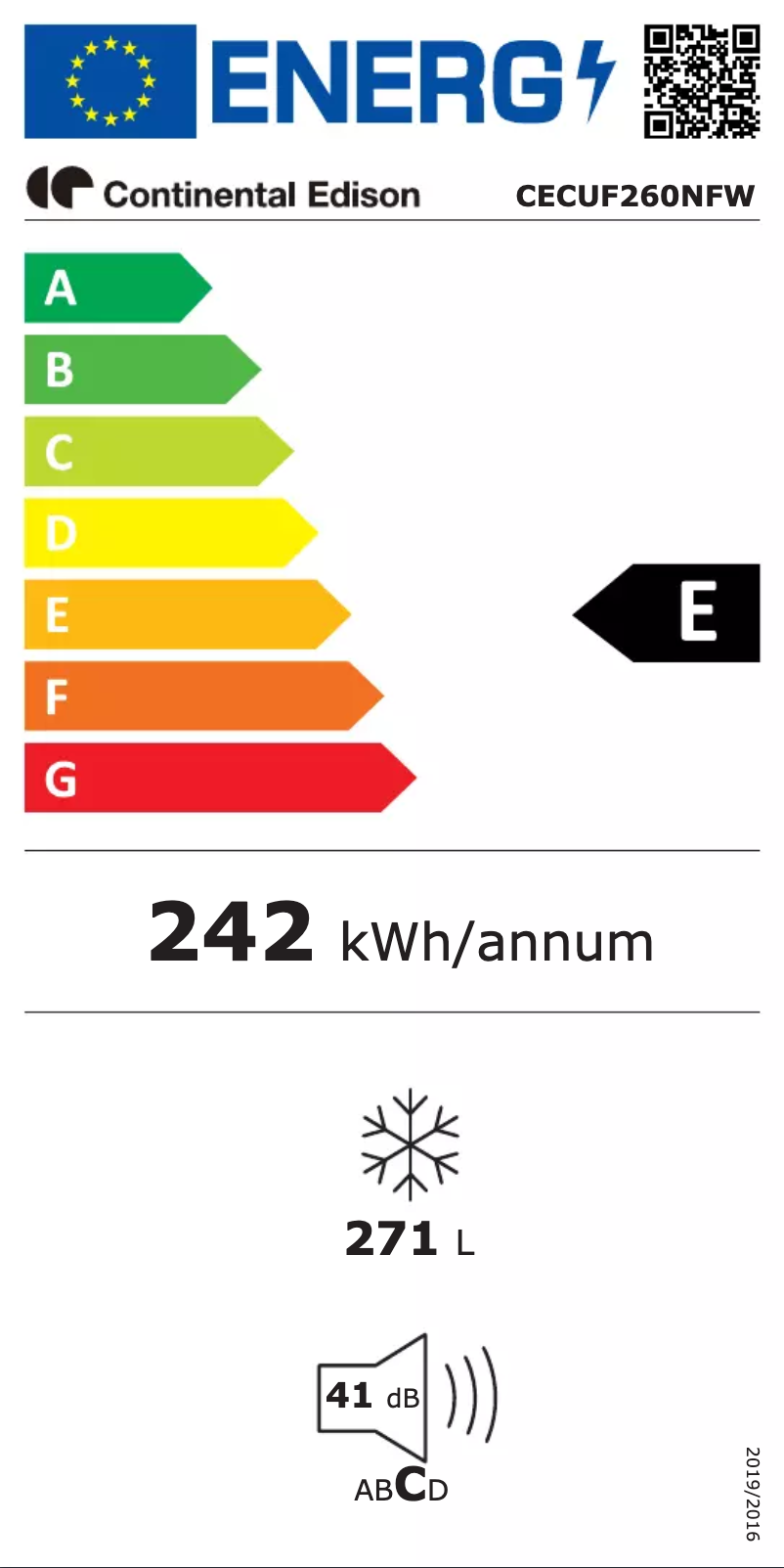 Page 1 of the manual Energy Label Continental Edison CECUF260NFW