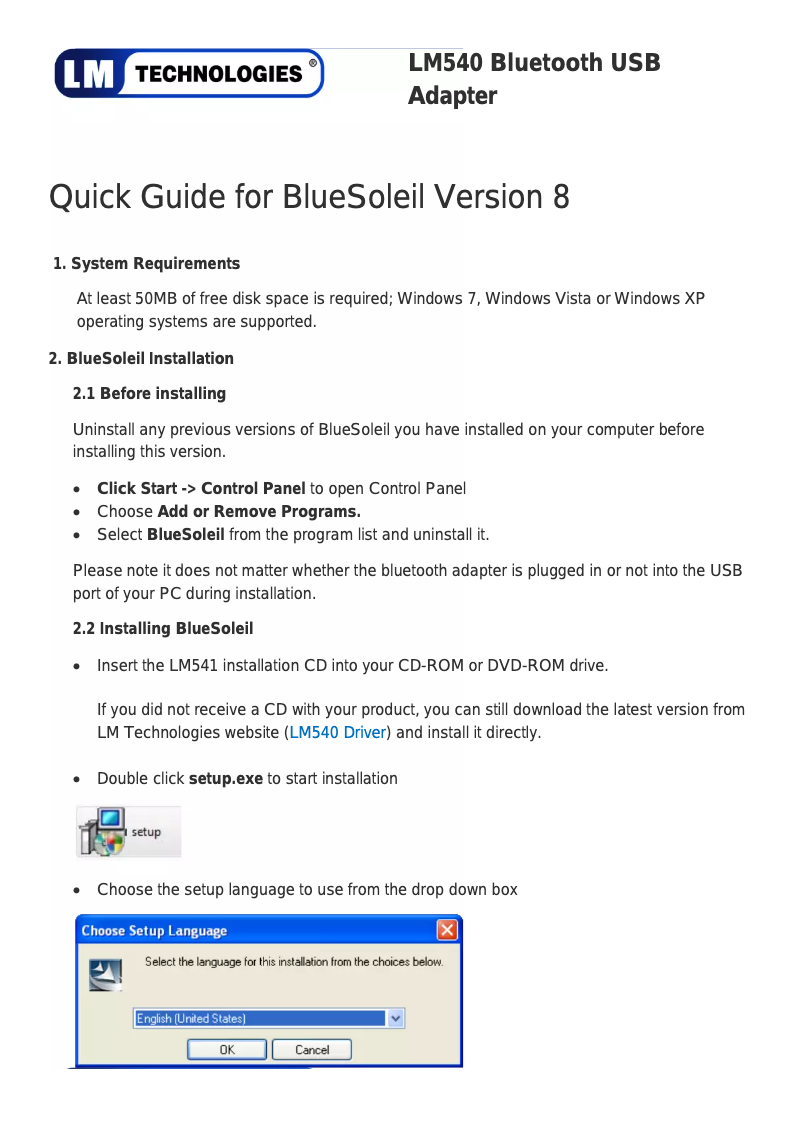 Page 1 of the manual User Manual LM Technologies LM540