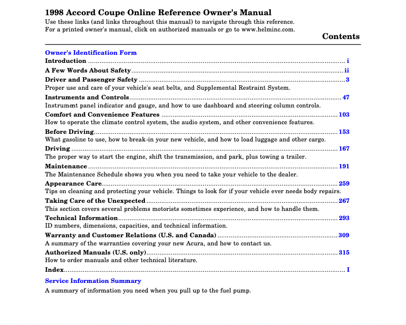 Page 1 of the manual User Manual Honda Accord Coupe (1998)