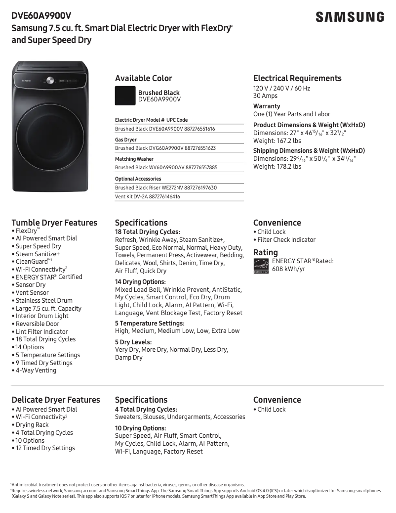 Page 1 of the manual Technical Sheet Samsung DVE60A9900V