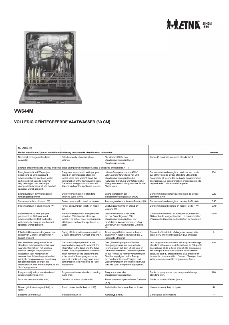 Page 1 of the manual Technical Sheet Etna VW644M