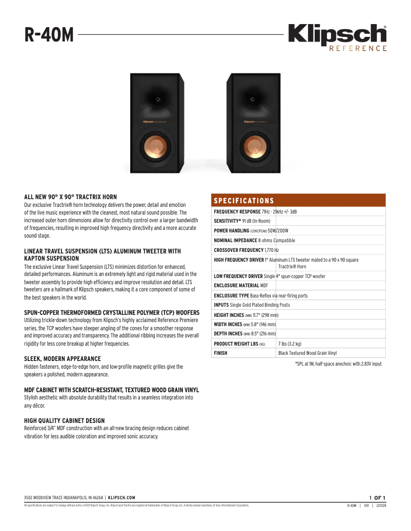 Page 1 of the manual Technical Sheet Klipsch R-40M