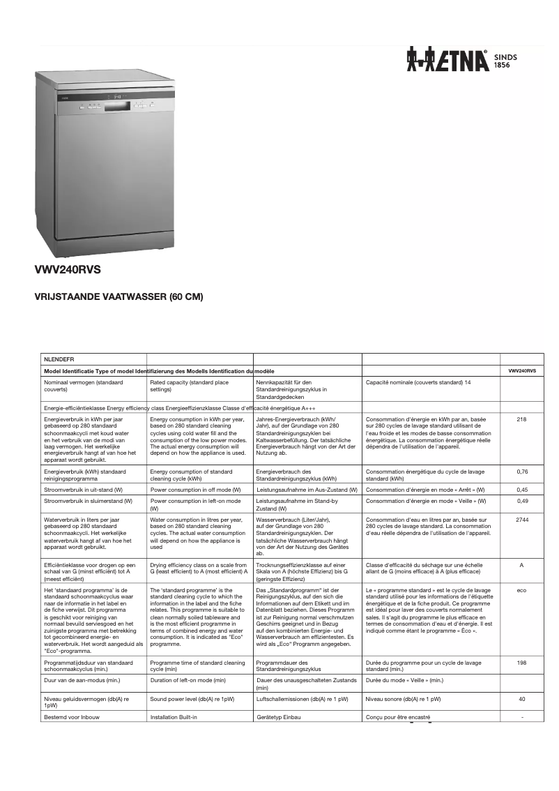 First page image of the manual for VWV240RVS