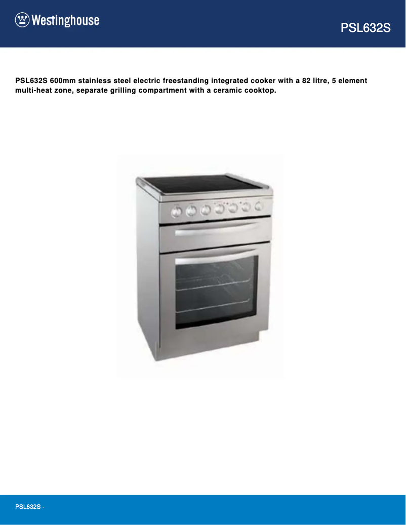 Page 1 of the manual Technical Sheet Westinghouse PSL632S