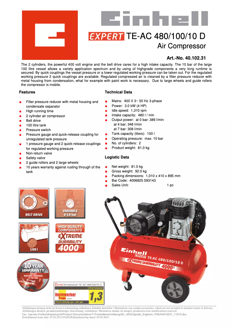 First page image of the manual for TE-AC 480/100/10 D