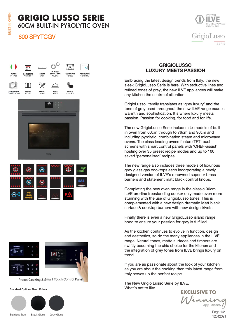 Page 1 of the manual Technical Sheet Ilve 600SPYTCGV