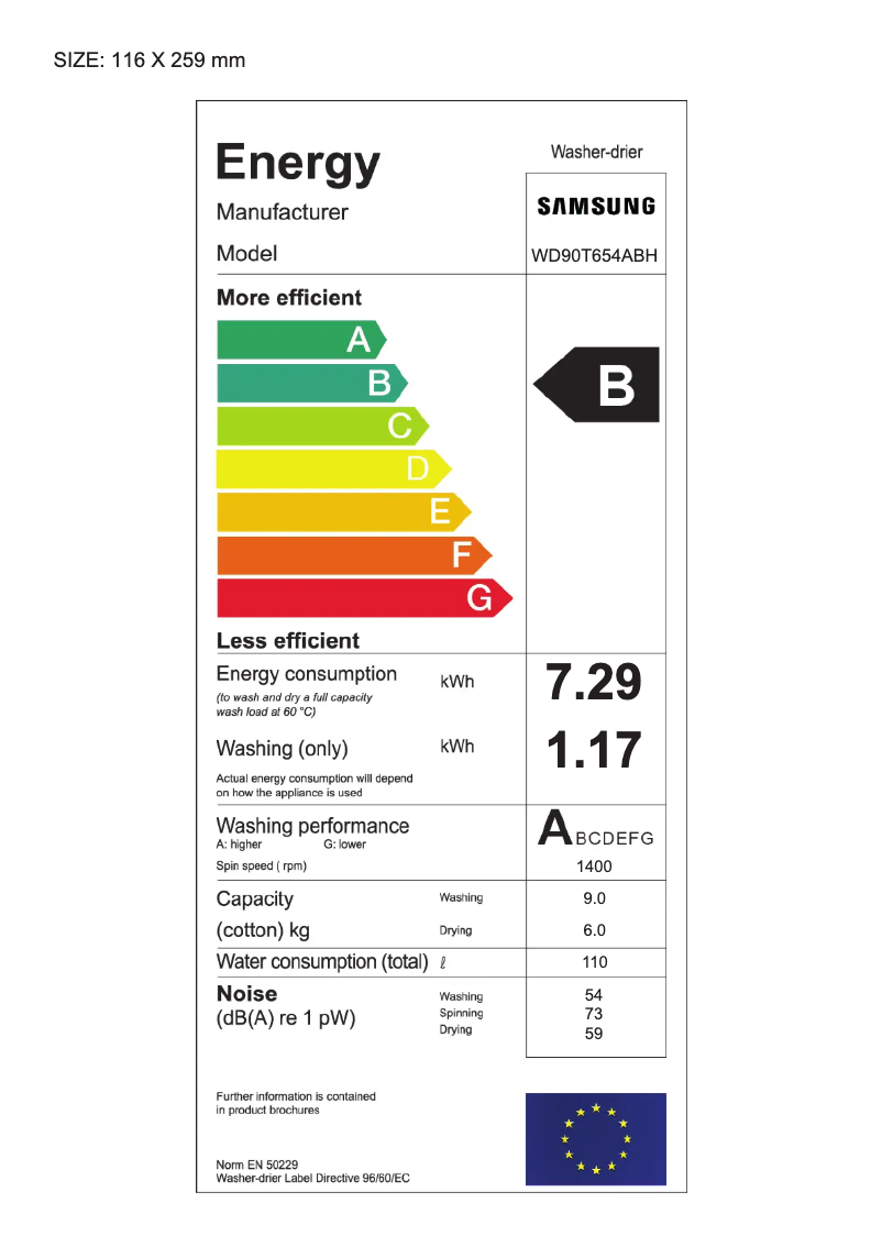 Page 1 of the manual Energy Label Samsung WD90T654ABH