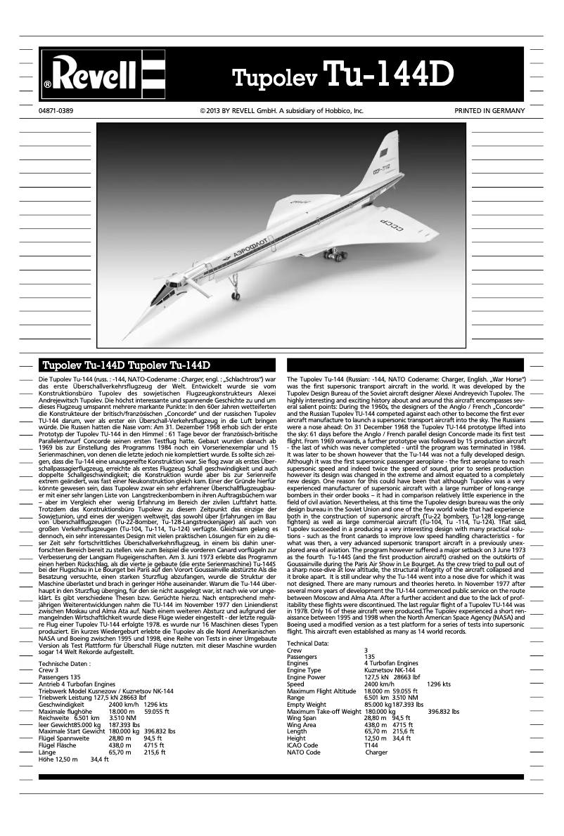Page 1 of the manual User Manual Revell Supersonic Passenger Aircraft Tupolev Tu-144D