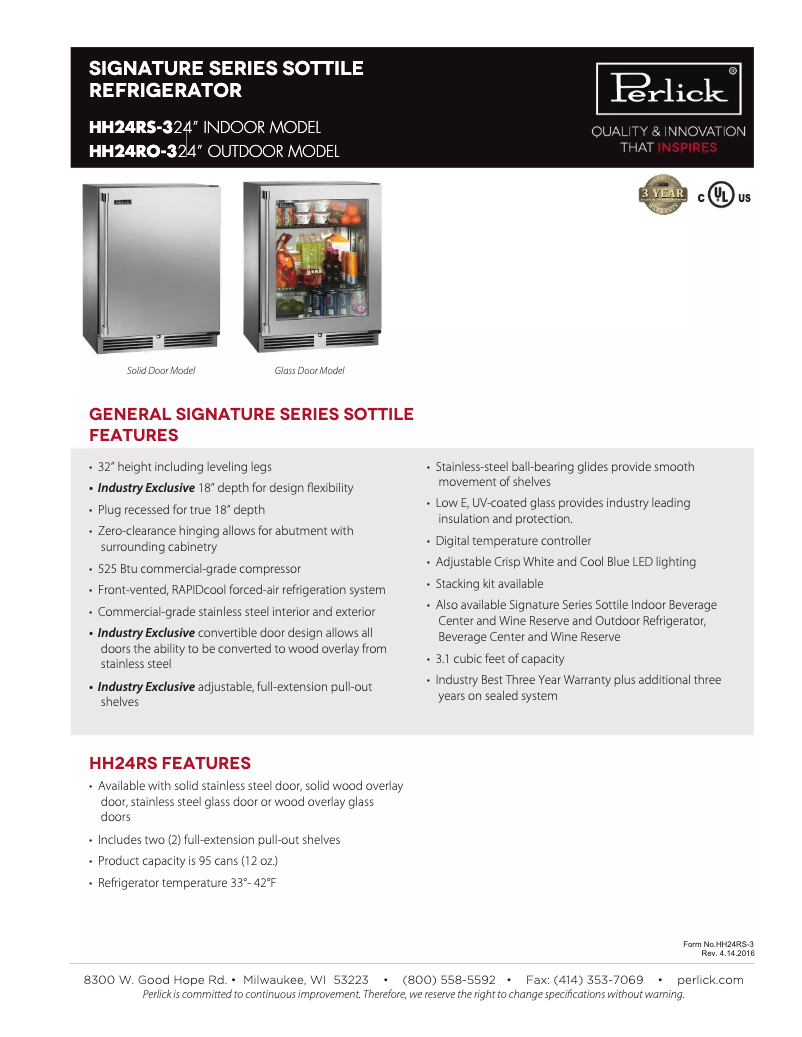 Page 1 of the manual Technical Sheet Perlick HH24RS-3