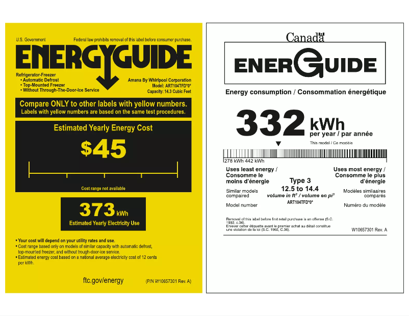 Page 1 of the manual Energy Label Amana ART104TFD