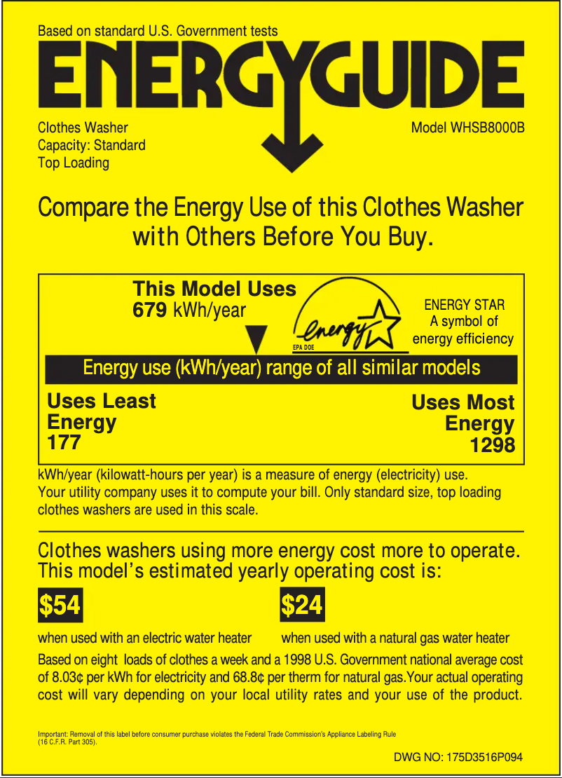 Page 1 of the manual Energy Label GE Profile WHSB8000BWW