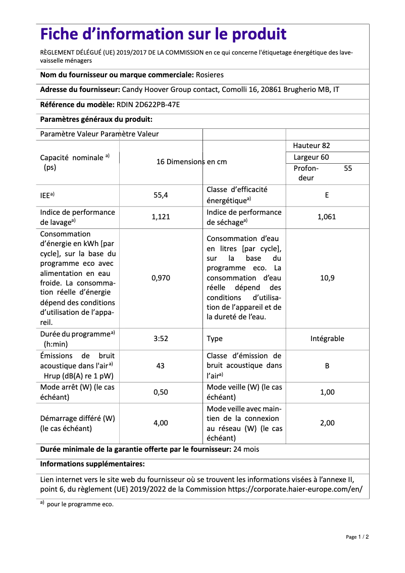 First page image of the manual for RDIN 2D622PB-47E