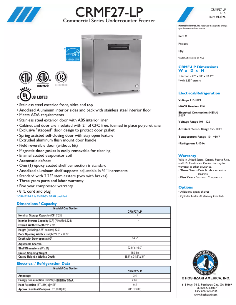 Page 1 of the manual Technical Sheet Hoshizaki Commercial CRMF27-LP