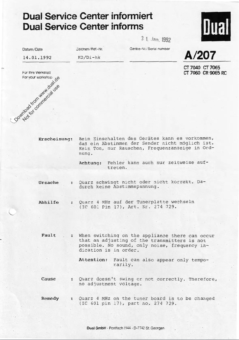 Page 1 of the manual User Manual Dual CT 7040