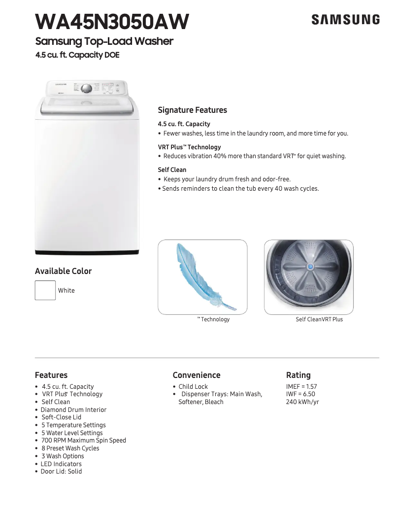 Page 1 of the manual Technical Sheet Samsung WA45N3050AW