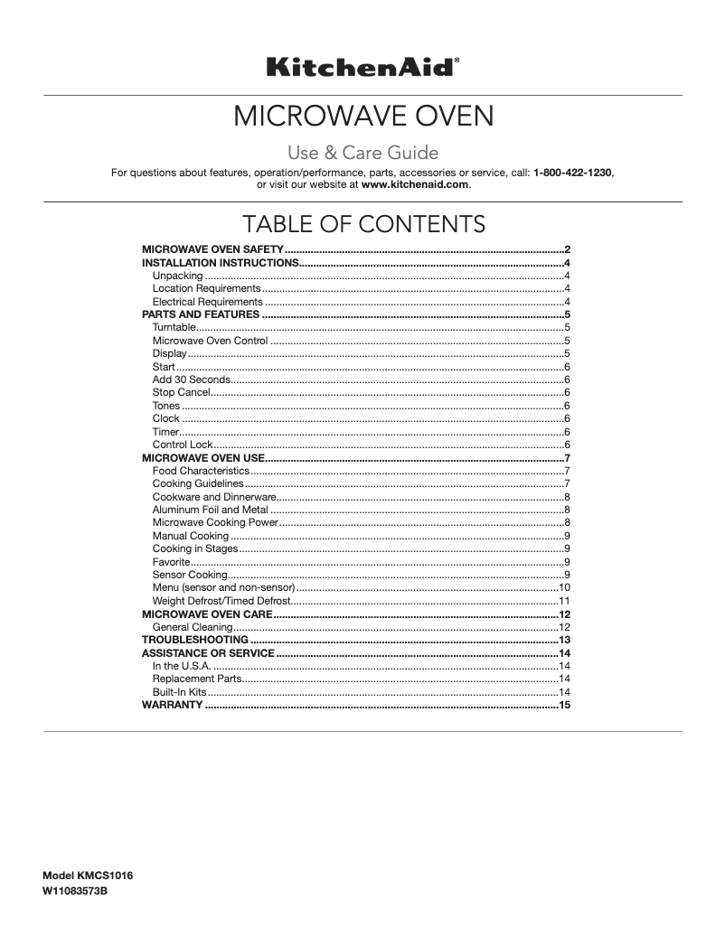 Page 1 of the manual Use and Maintenance Manual KitchenAid KMCS1016GSS